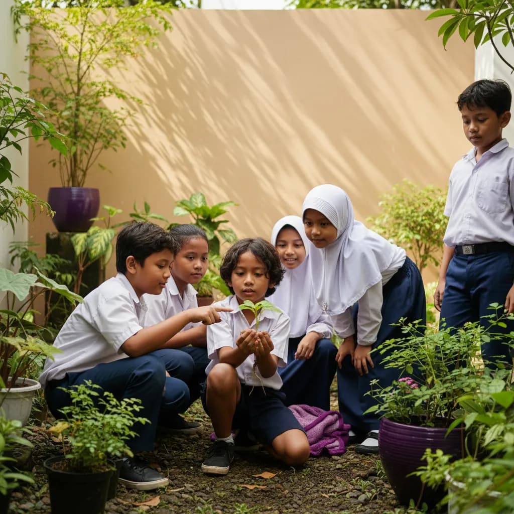 Indonesian primary school children gardening together in a home backyard