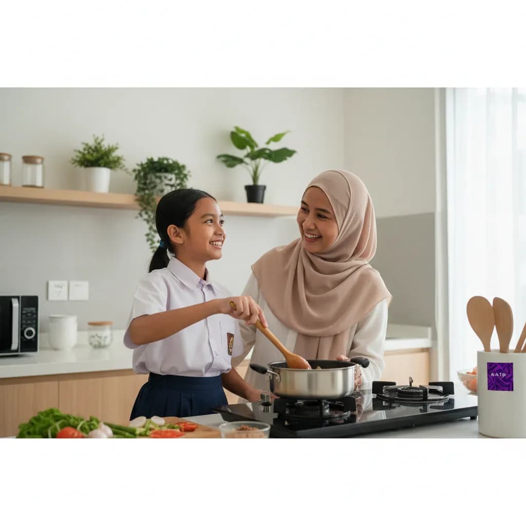 Primary school child cooking with mother in a home kitchen