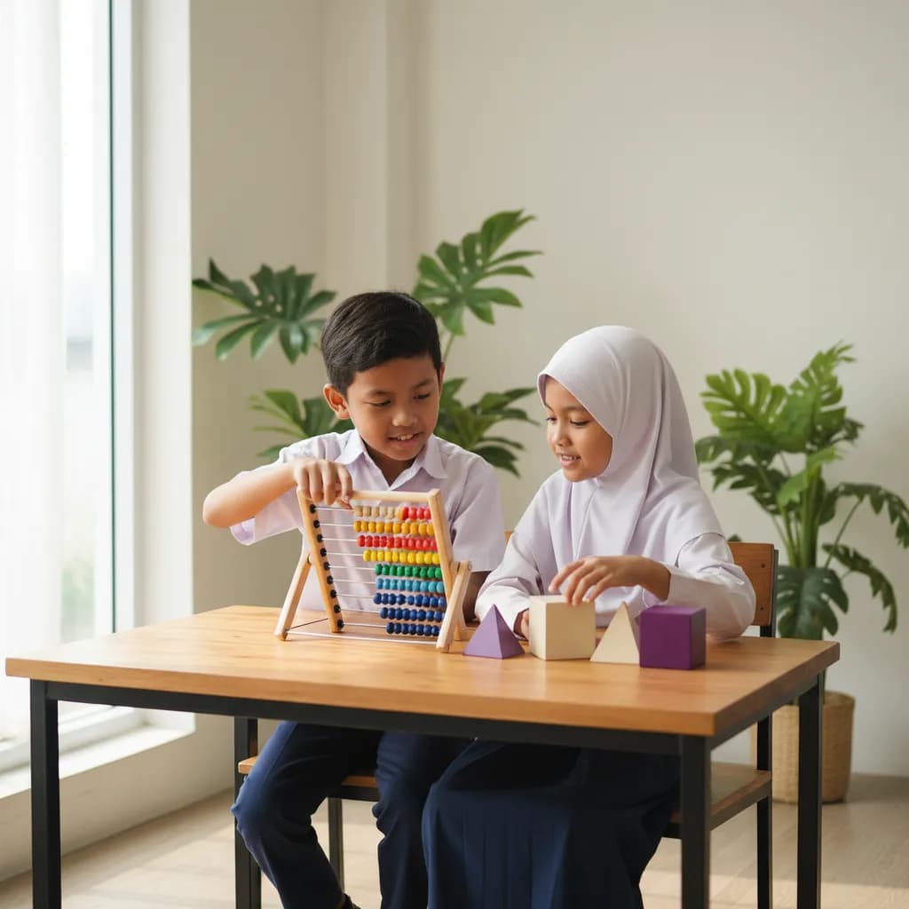 A child counting with an abacus and colorful number blocks