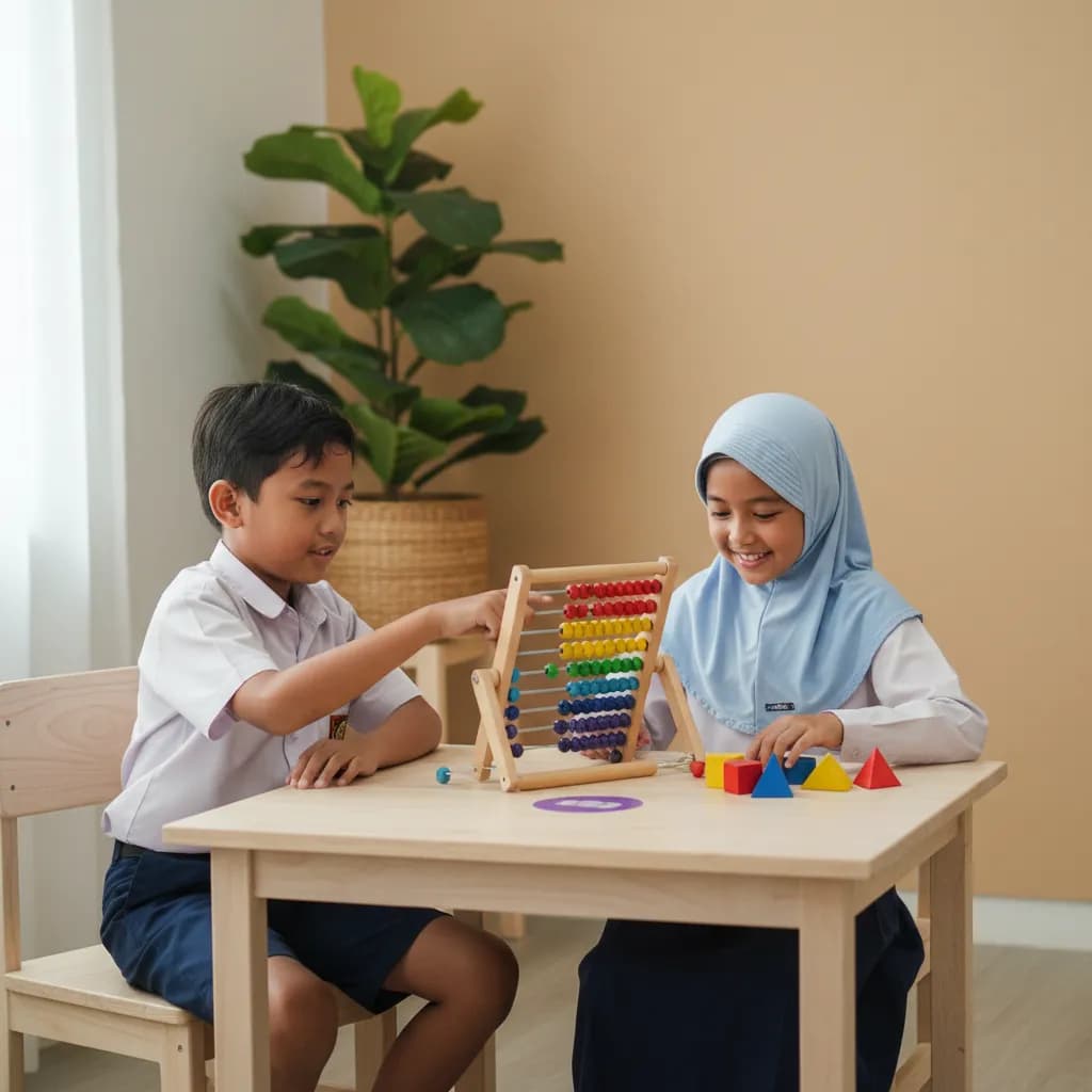Two children learning math with an abacus and colorful blocks