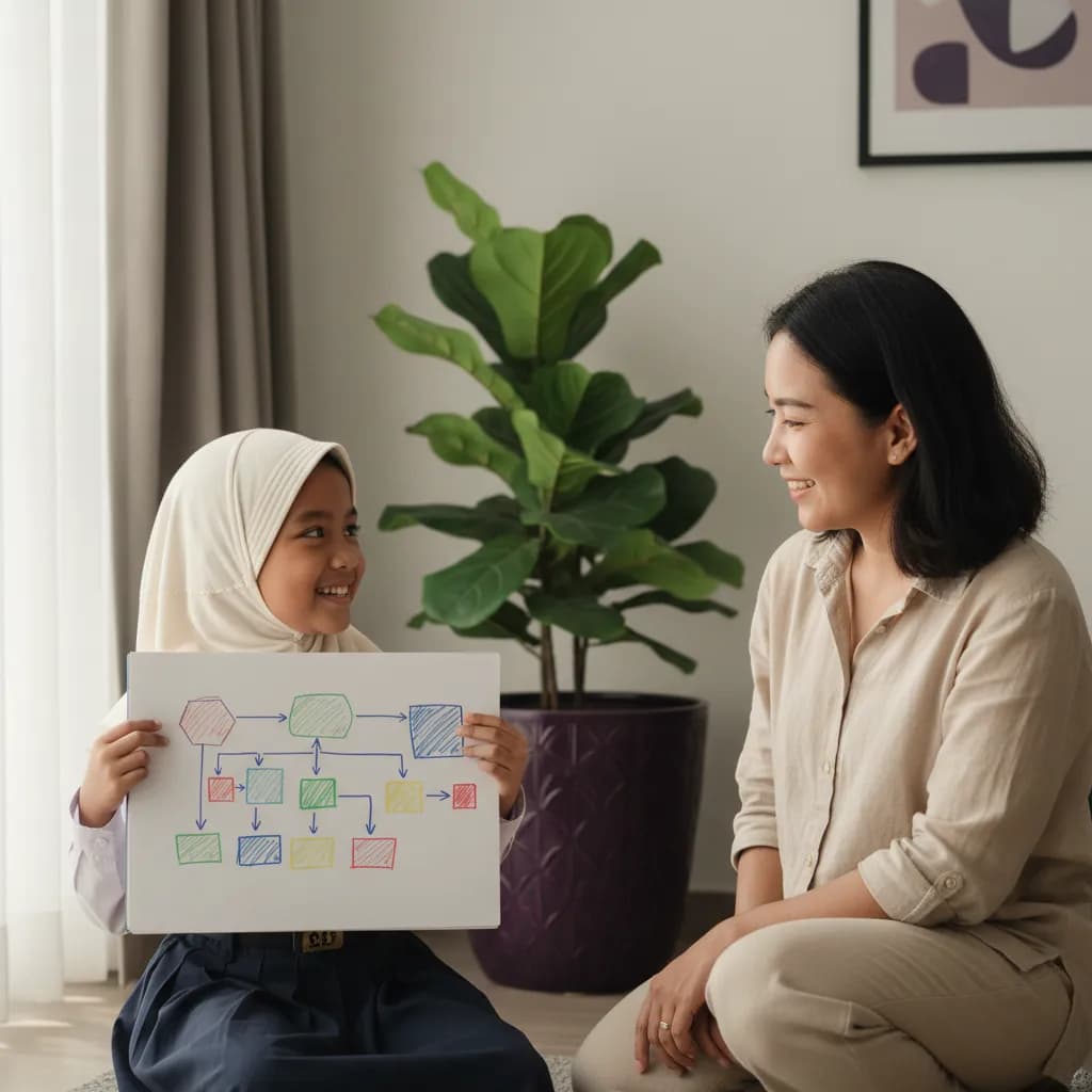 Anak SD menunjukkan diagram alur logika kepada orang tua di rumah
