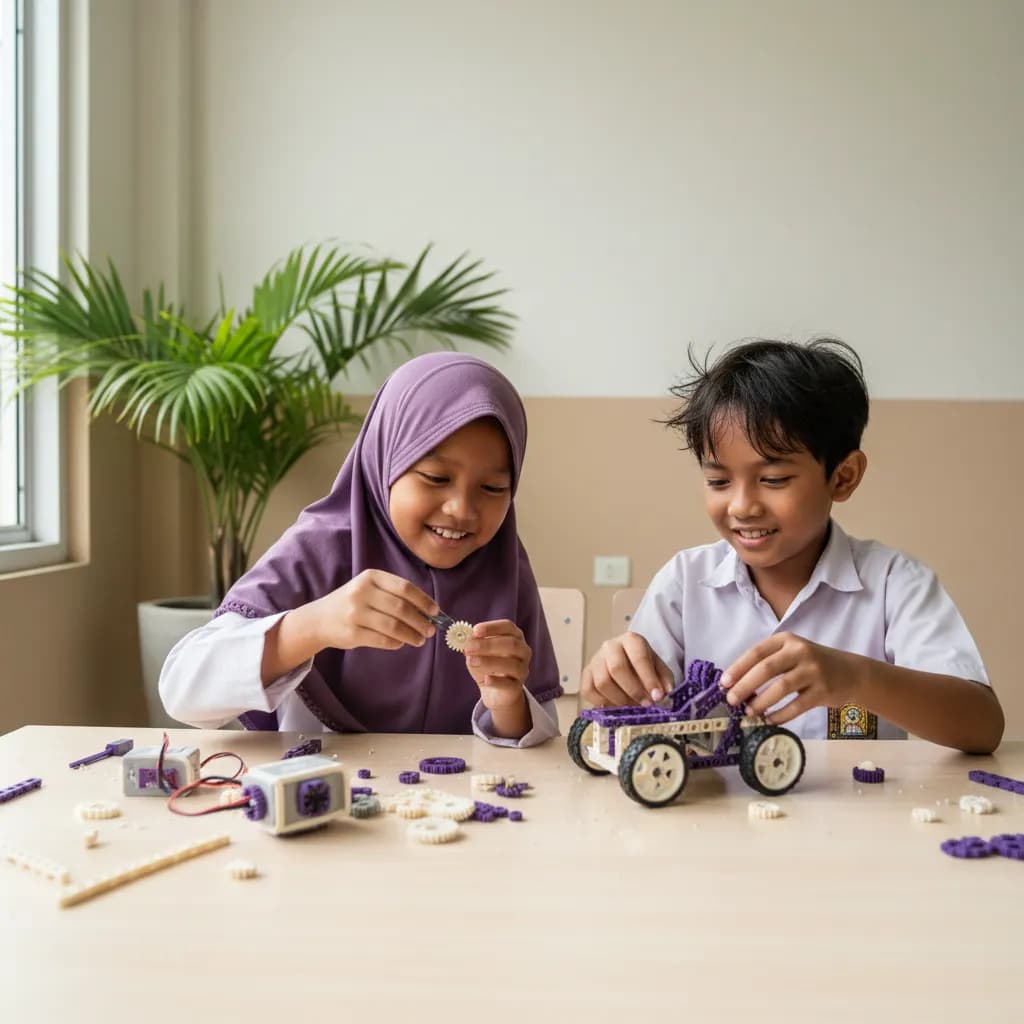 Dua anak SD Indonesia merakit robot kecil bersama di meja