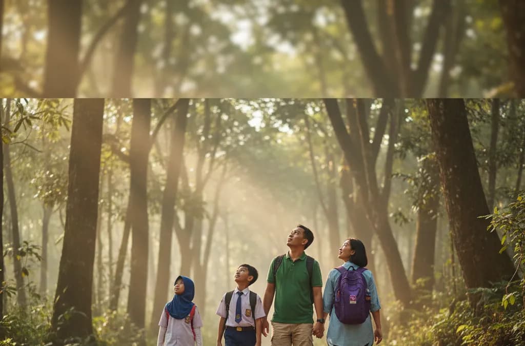 Keluarga Indonesia berjalan bersama di jalur hutan saat liburan camping