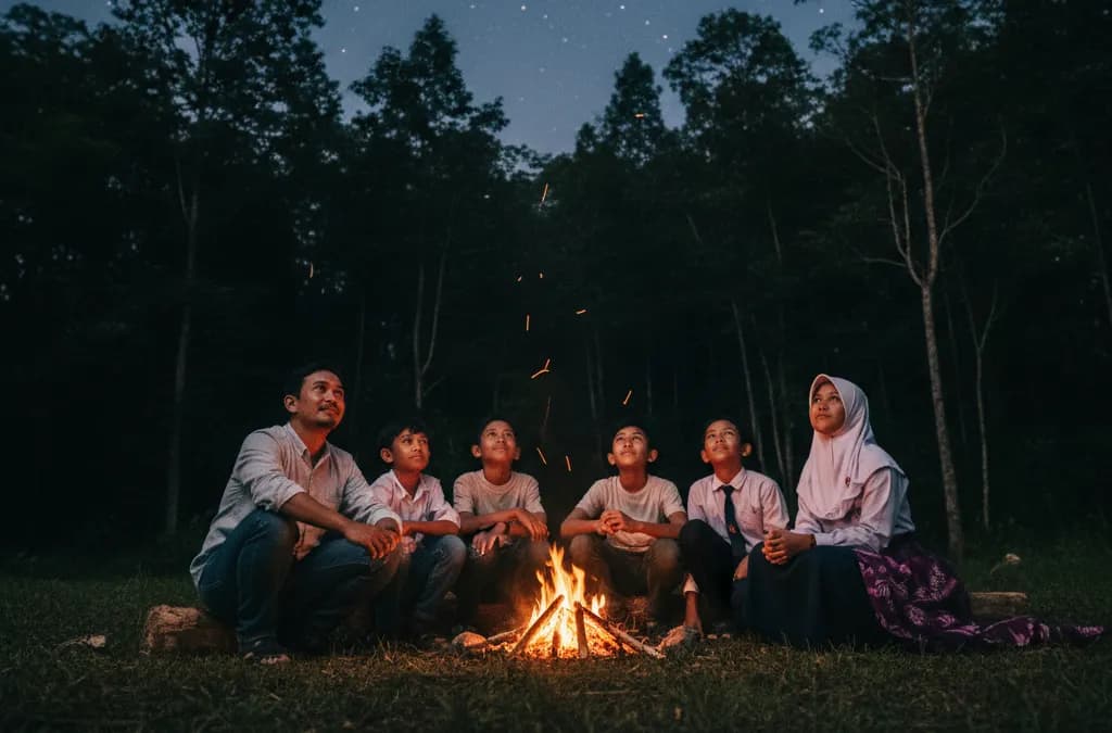 Keluarga Indonesia duduk di sekitar api unggun di alam terbuka pada malam berbintang