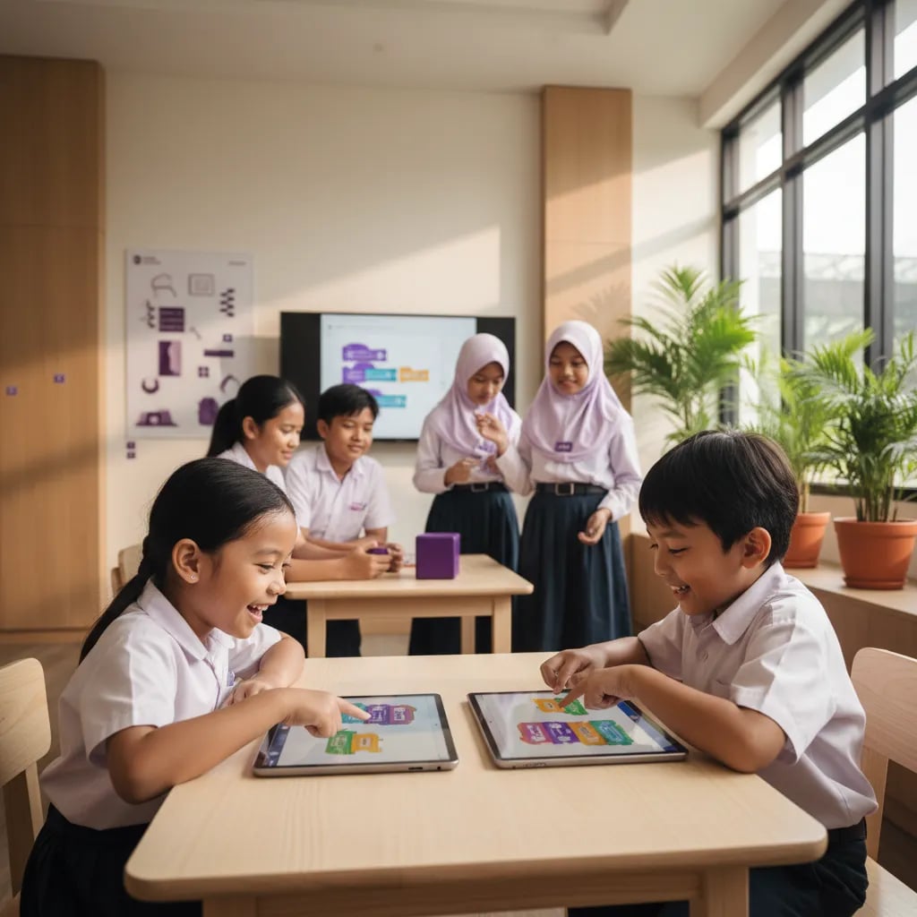 Two Indonesian kindergarten children playing with ScratchJr blocks on a tablet