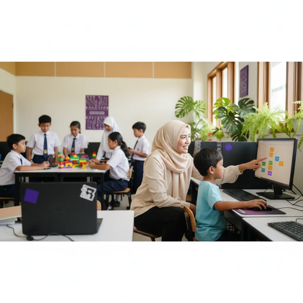 Indonesian kindergarten teacher helping a 5-year-old learn coding on a computer