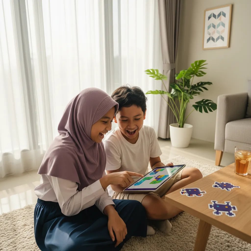Two Indonesian kids playing a coding game on a tablet