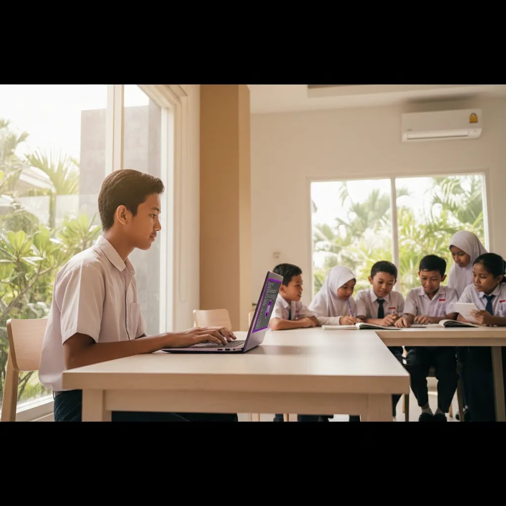 Remaja Indonesia bekerja dengan kode Python di laptop