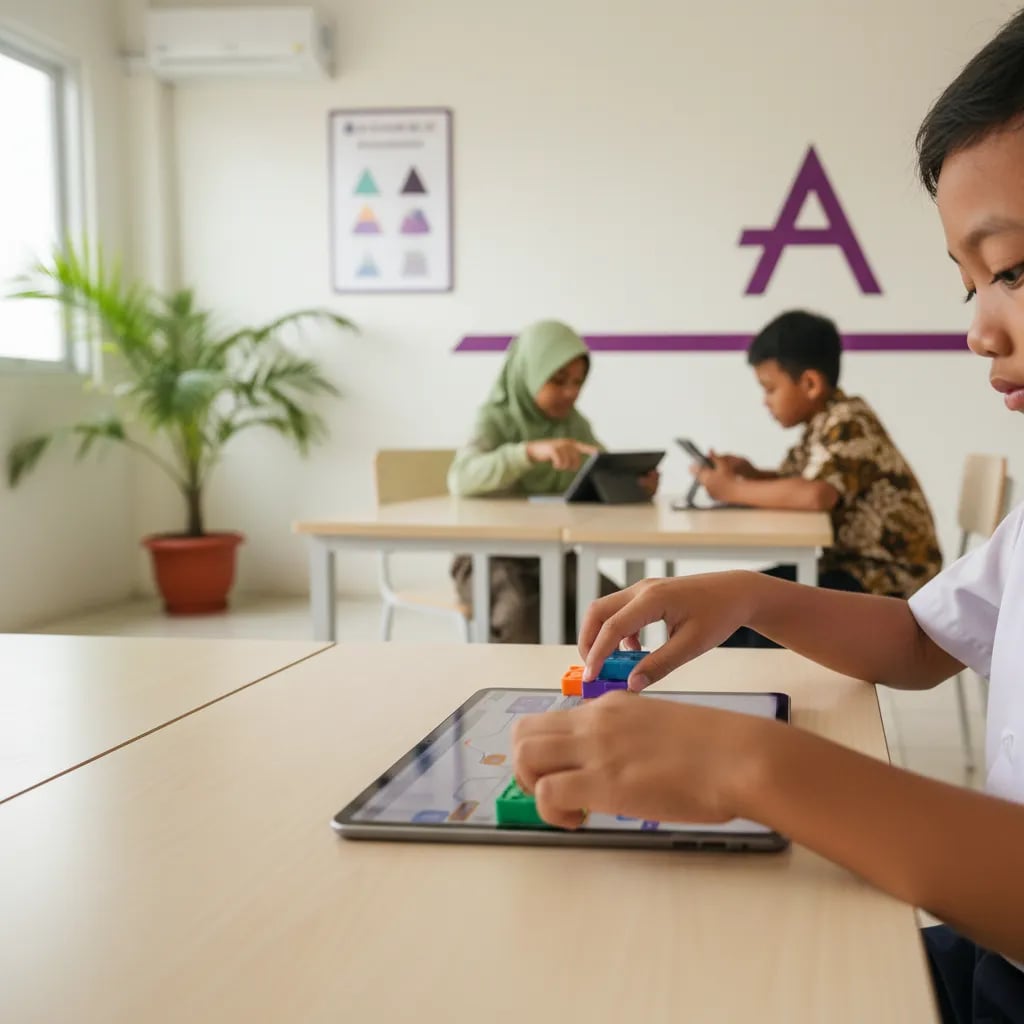 Anak Indonesia belajar coding dengan tablet di kelas