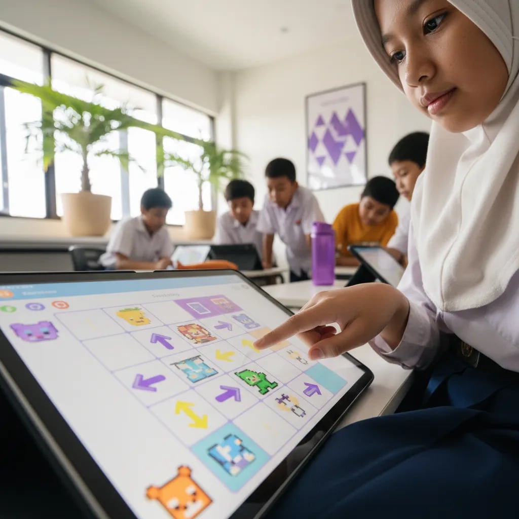 A child's finger pointing at a coding app on a tablet