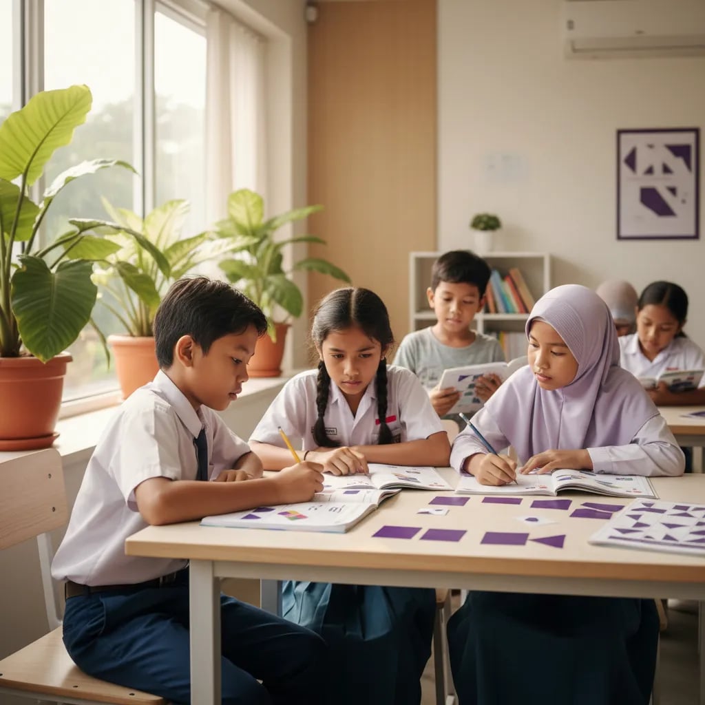 A child solving math pattern problems in a workbook