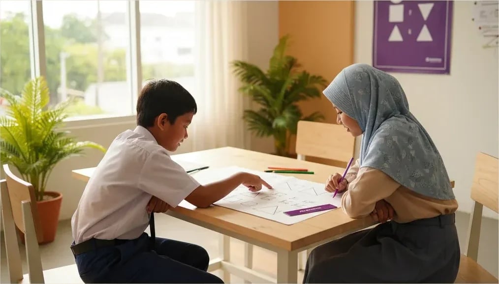 Seorang anak dibimbing menyelesaikan soal pola dan logika di meja belajar