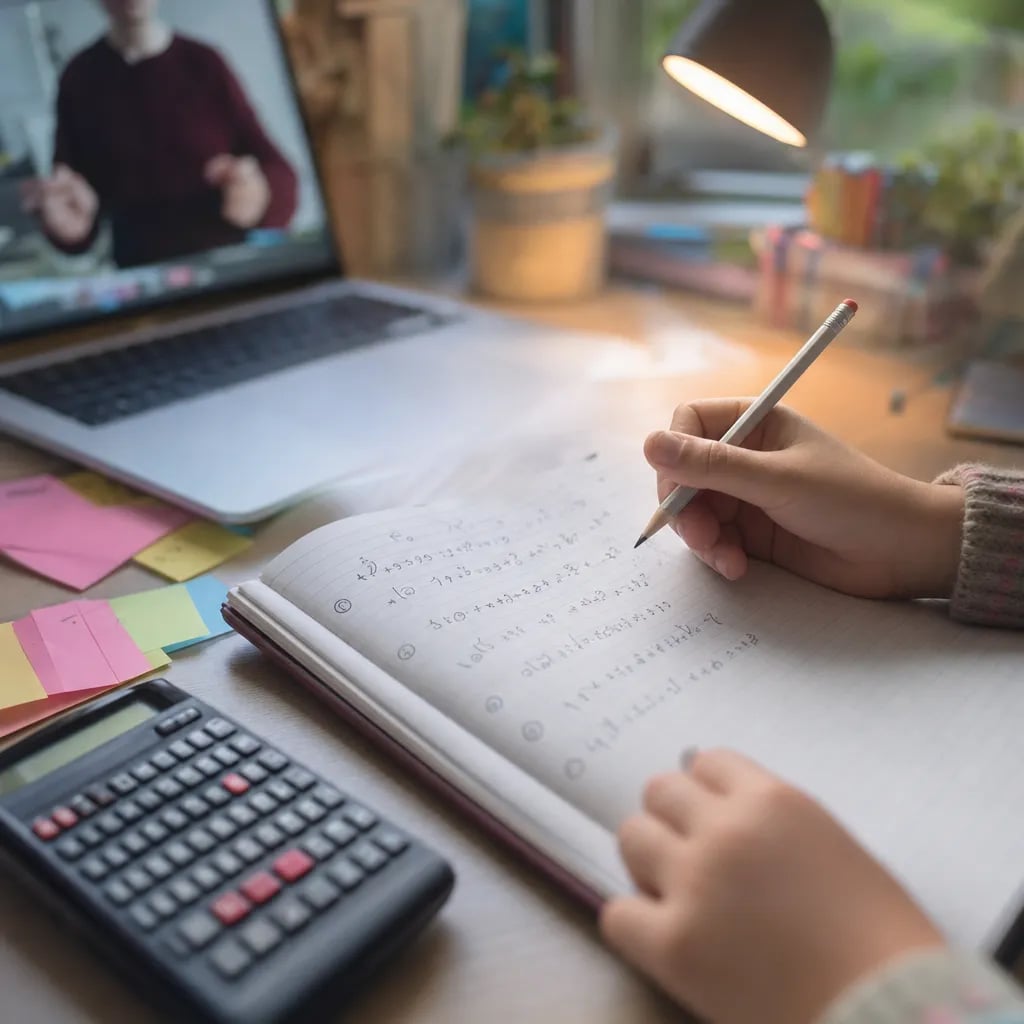 A child's hands writing math solution steps in a notebook during an online private lesson