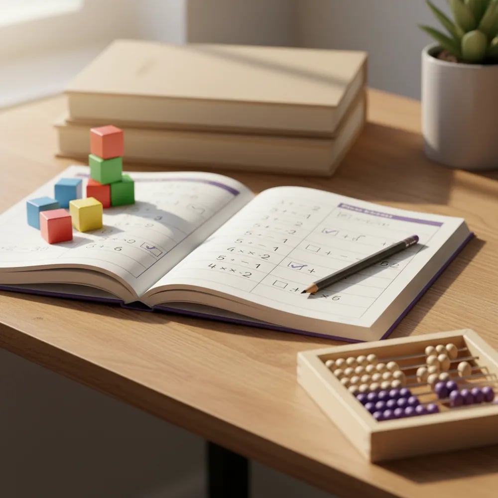 Buku latihan matematika anak dengan kubus hitung dan sempoa di meja belajar