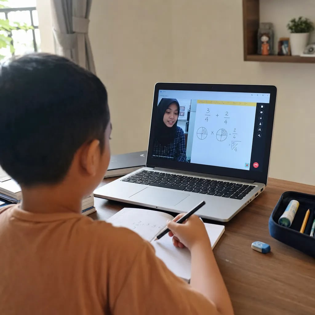 A child in an online private math tutoring session with a teacher over a laptop at home
