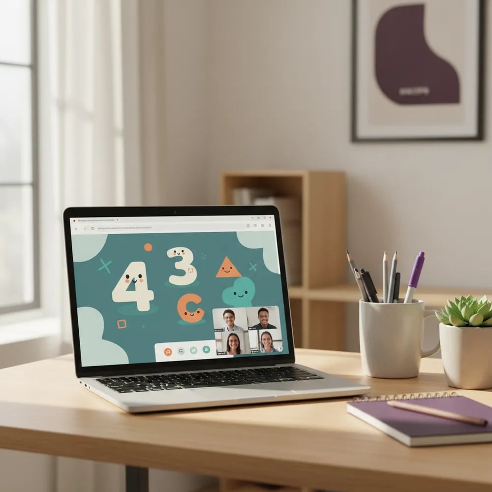 Meja belajar dengan laptop menampilkan kelas matematika online di rumah