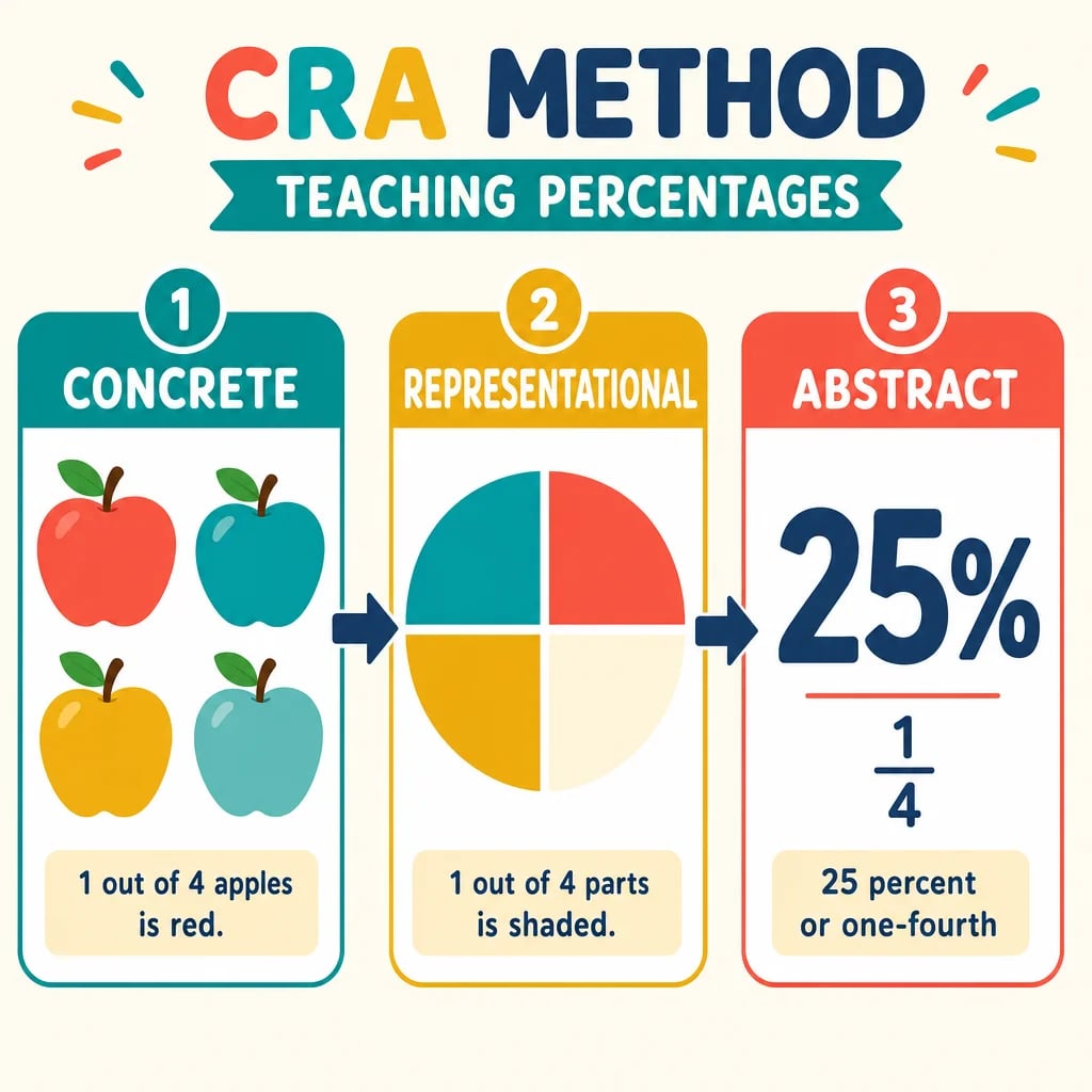 Diagram of the CRA method (Concrete-Representational-Abstract) teaching percentages from real apples to a pie chart to the 25% symbol