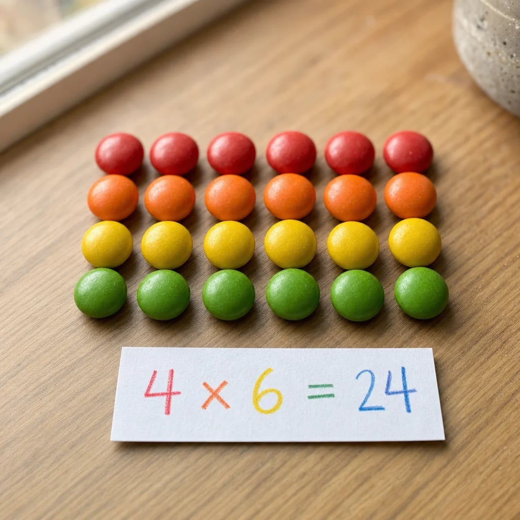Array visual perkalian: 4 baris permen berwarna dengan tulisan 4 x 6 = 24