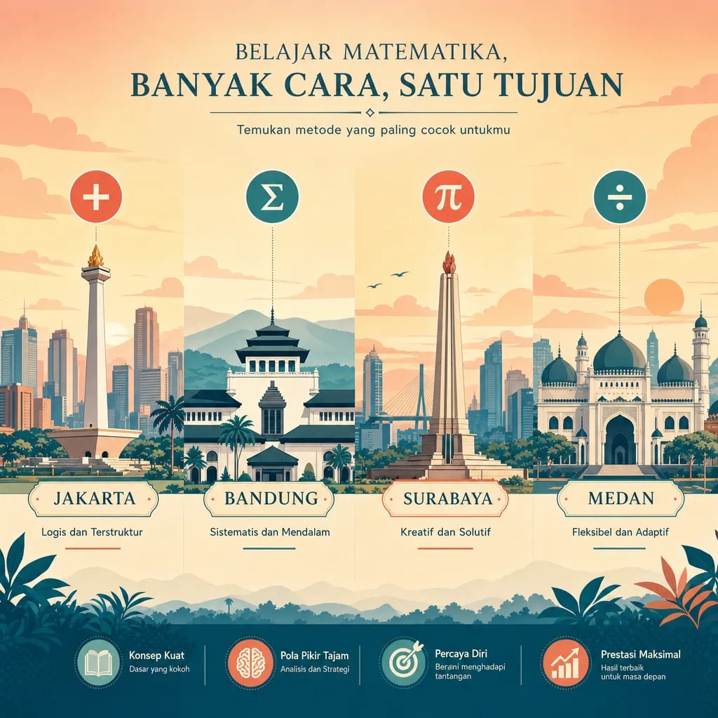 Ilustrasi perbandingan 4 kota Indonesia (Jakarta, Bandung, Surabaya, Medan) untuk les matematika