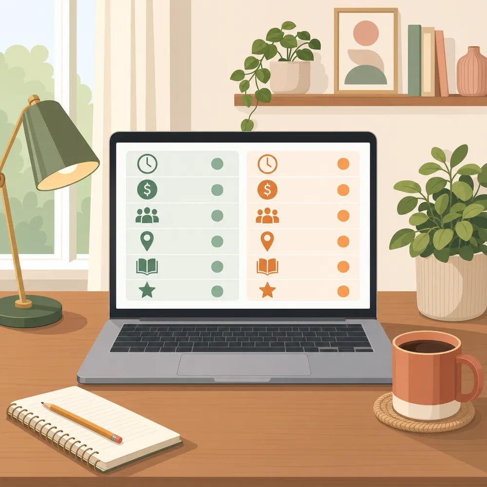 Orang tua meneliti dua sekolah: laptop menampilkan grafik perbandingan sederhana, notebook, cangkir kopi di meja rumah yang tenang.