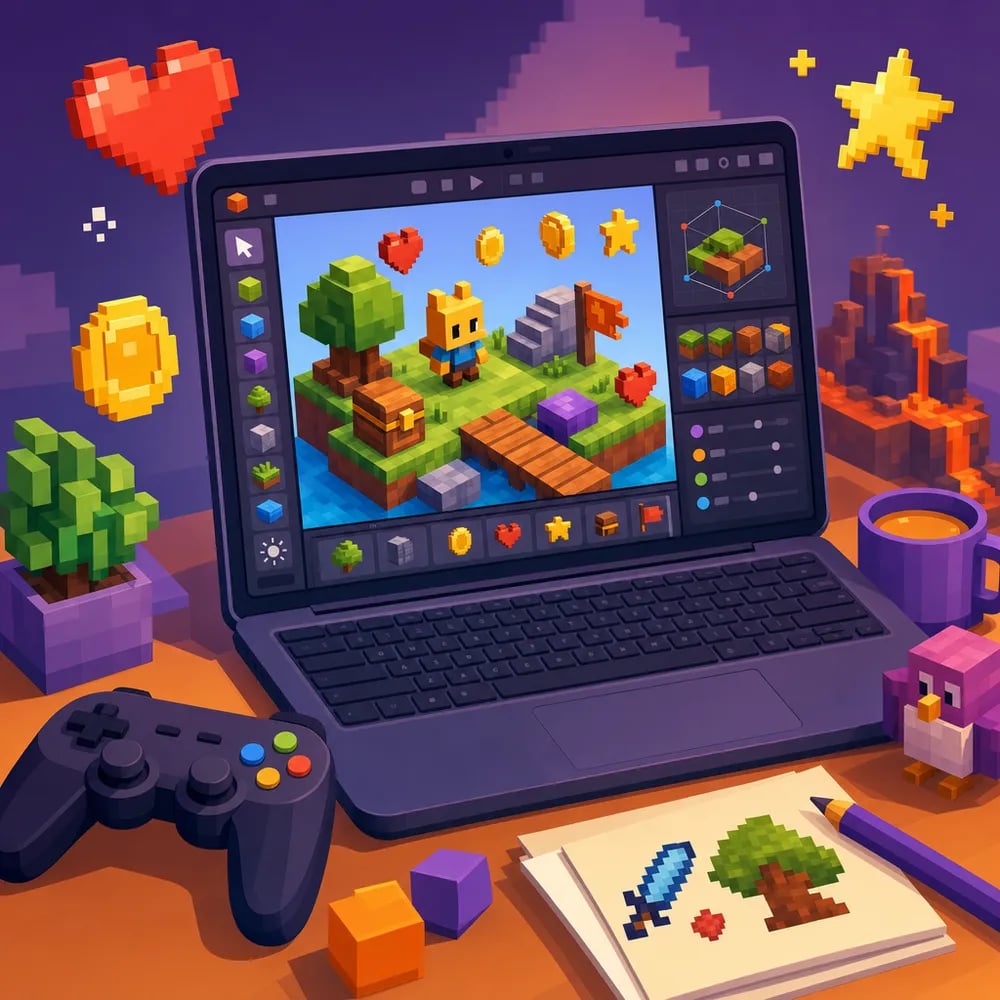 Layar laptop menampilkan editor game 3D bergaya Roblox dengan blok voxel dan ikon karakter — anak sebagai pembuat, bukan pemain.