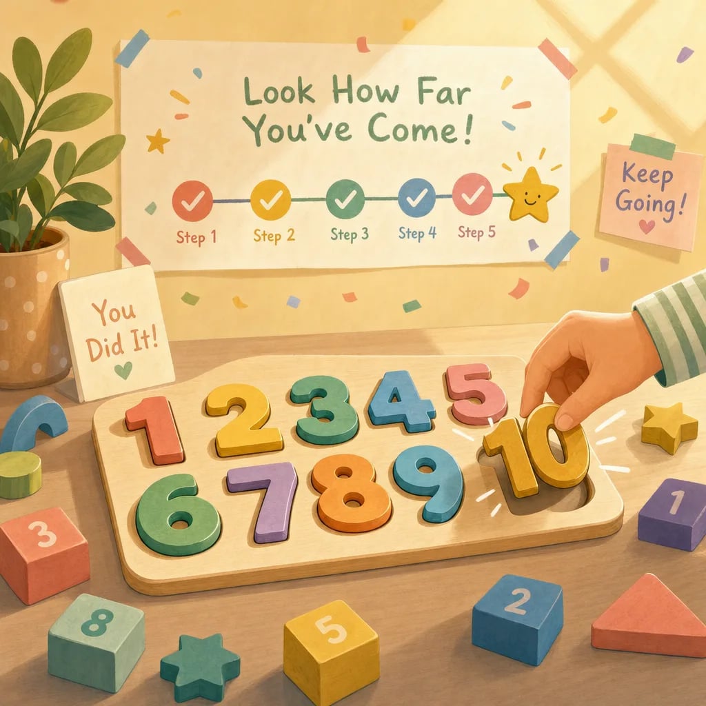 Child triumphantly solving a number puzzle