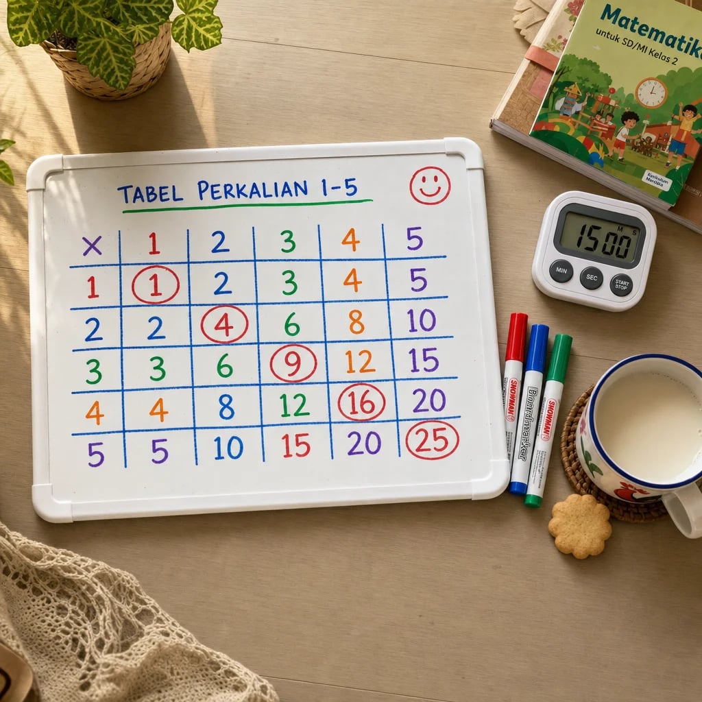 Papan tulis dengan Tabel Perkalian 1-5 dan angka kuadrat dilingkari