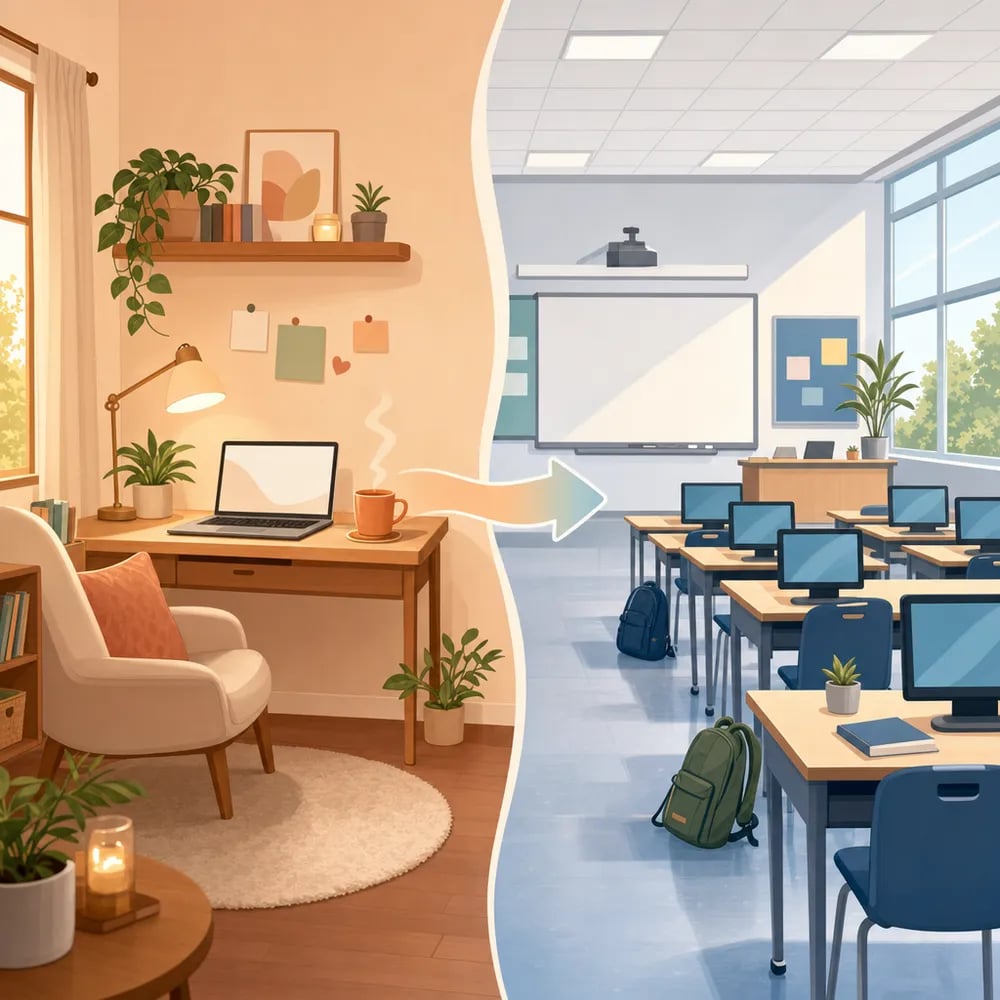 Dua ruang belajar kontras: satu sudut belajar rumah yang nyaman dengan laptop, satu lagi ruang kelas modern dengan deretan meja — kedua opsi valid.