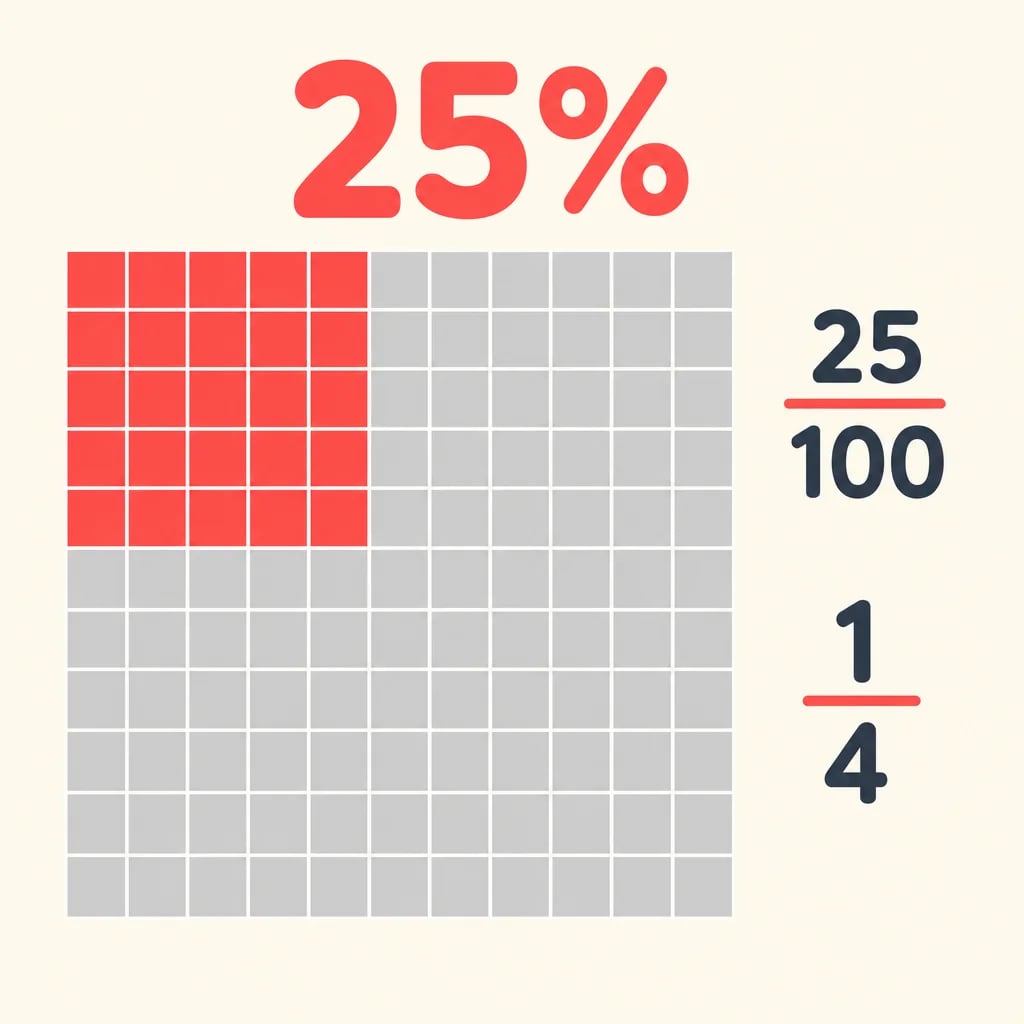 A 10x10 grid with 25 coral-colored squares showing 25% equals 25/100 equals 1/4