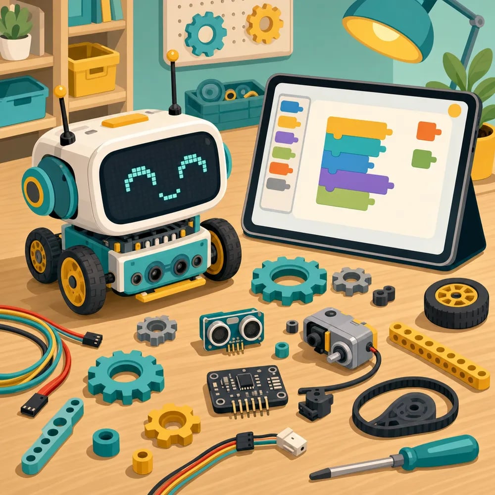Kit robotika edukasi anak: robot kecil dengan roda dan antena, gigi, sensor, dan kabel di sekitar meja.