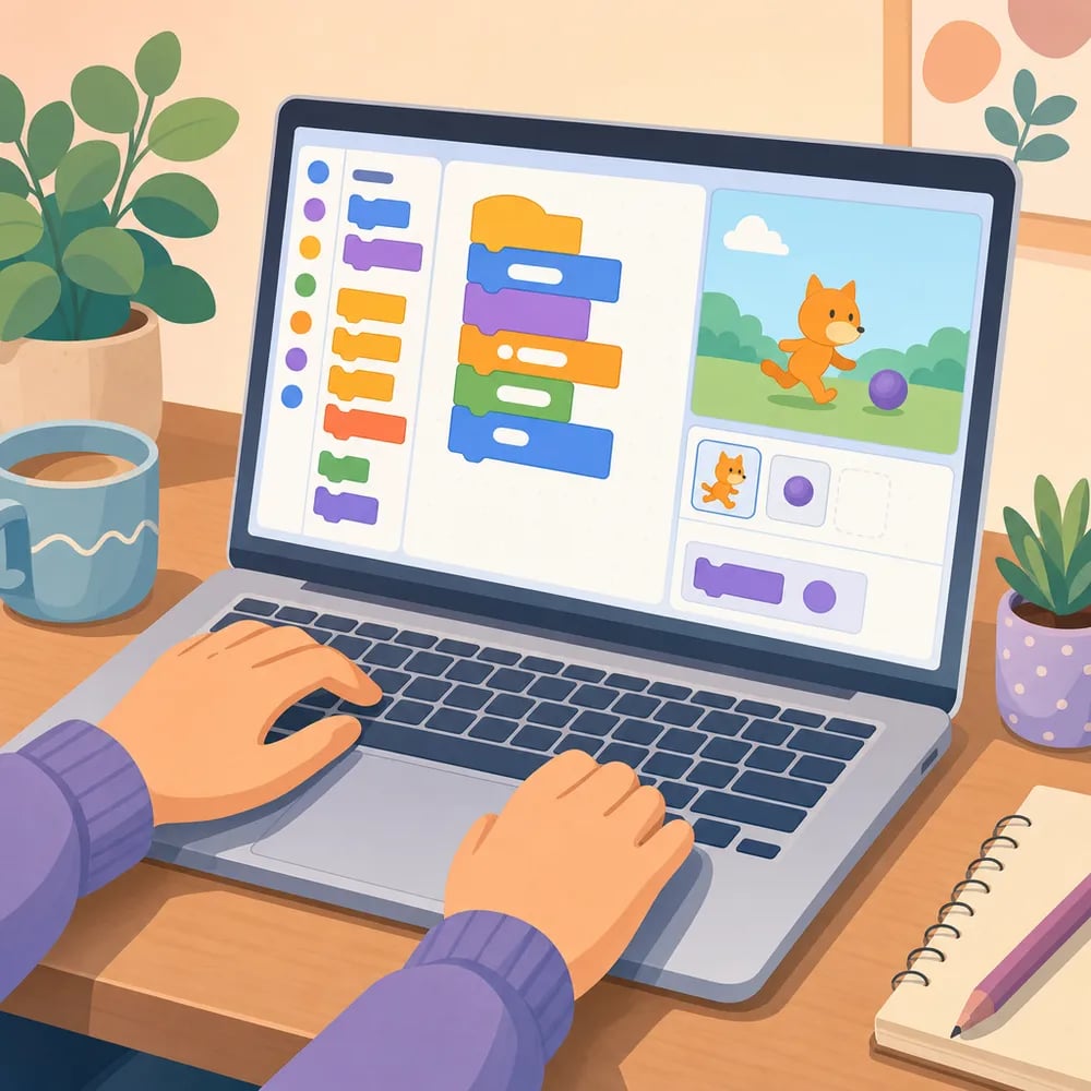 A child's hands moving colorful Scratch blocks on a laptop screen — logic first, typing later.