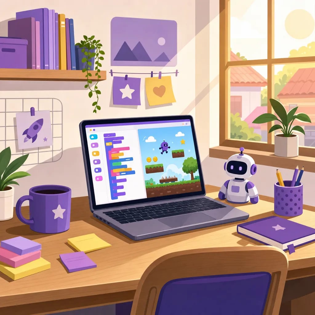 Sudut belajar coding anak di rumah dengan laptop menampilkan proyek game berwarna