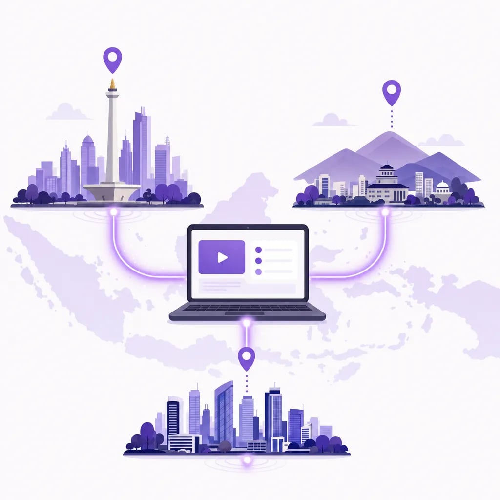 Ilustrasi kelas coding online menjangkau Jakarta, Bandung, dan Tangerang lewat satu laptop