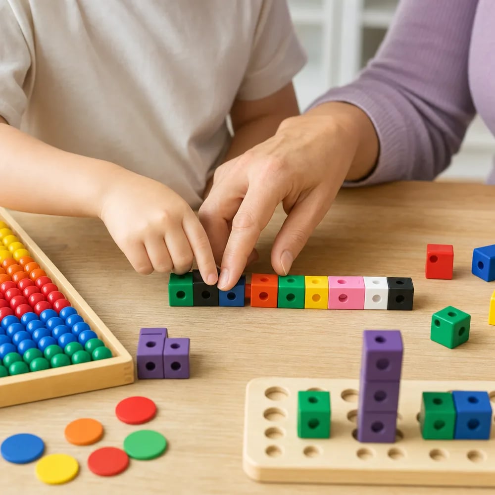 A parent's and child's hands playing with counting blocks together at a table