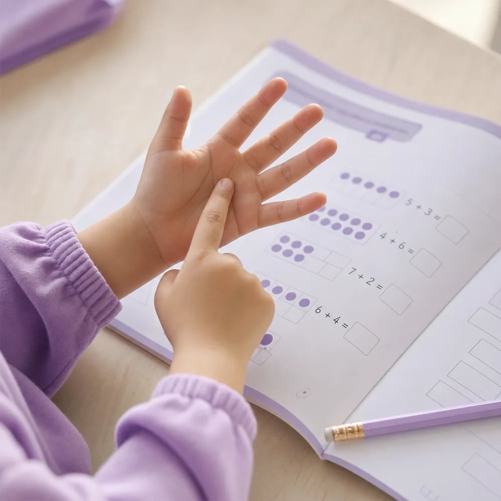 A child's hands counting on fingers above a math practice worksheet