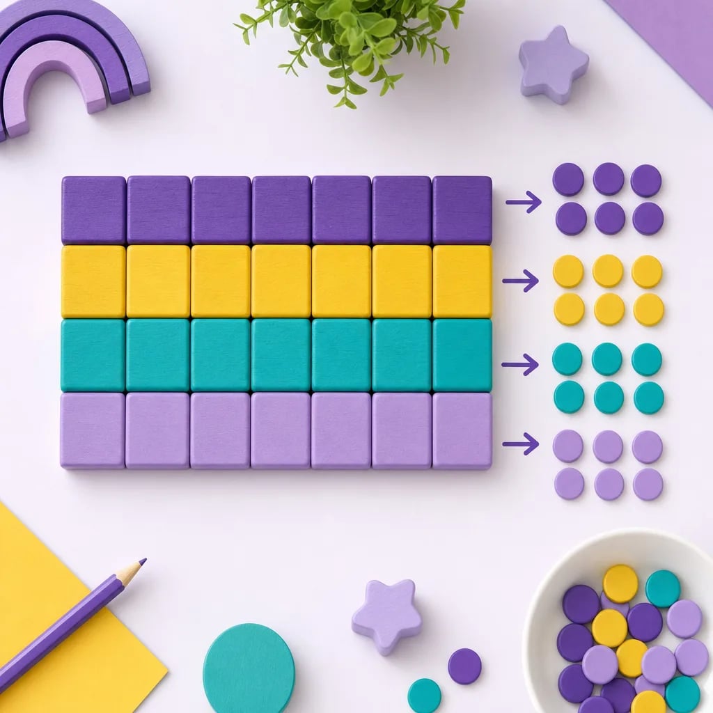Balok warna disusun dalam baris dan kolom (array) untuk memvisualkan perkalian sebagai kelompok yang sama besar
