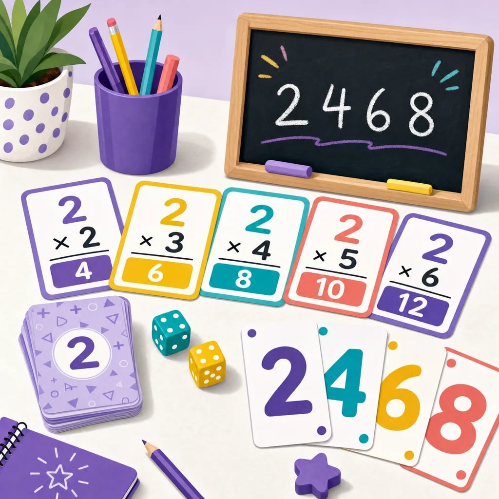 Flashcard perkalian, dadu, dan papan tulis kecil bertuliskan skip-counting 2 4 6 8 untuk latihan menghafal tabel perkalian