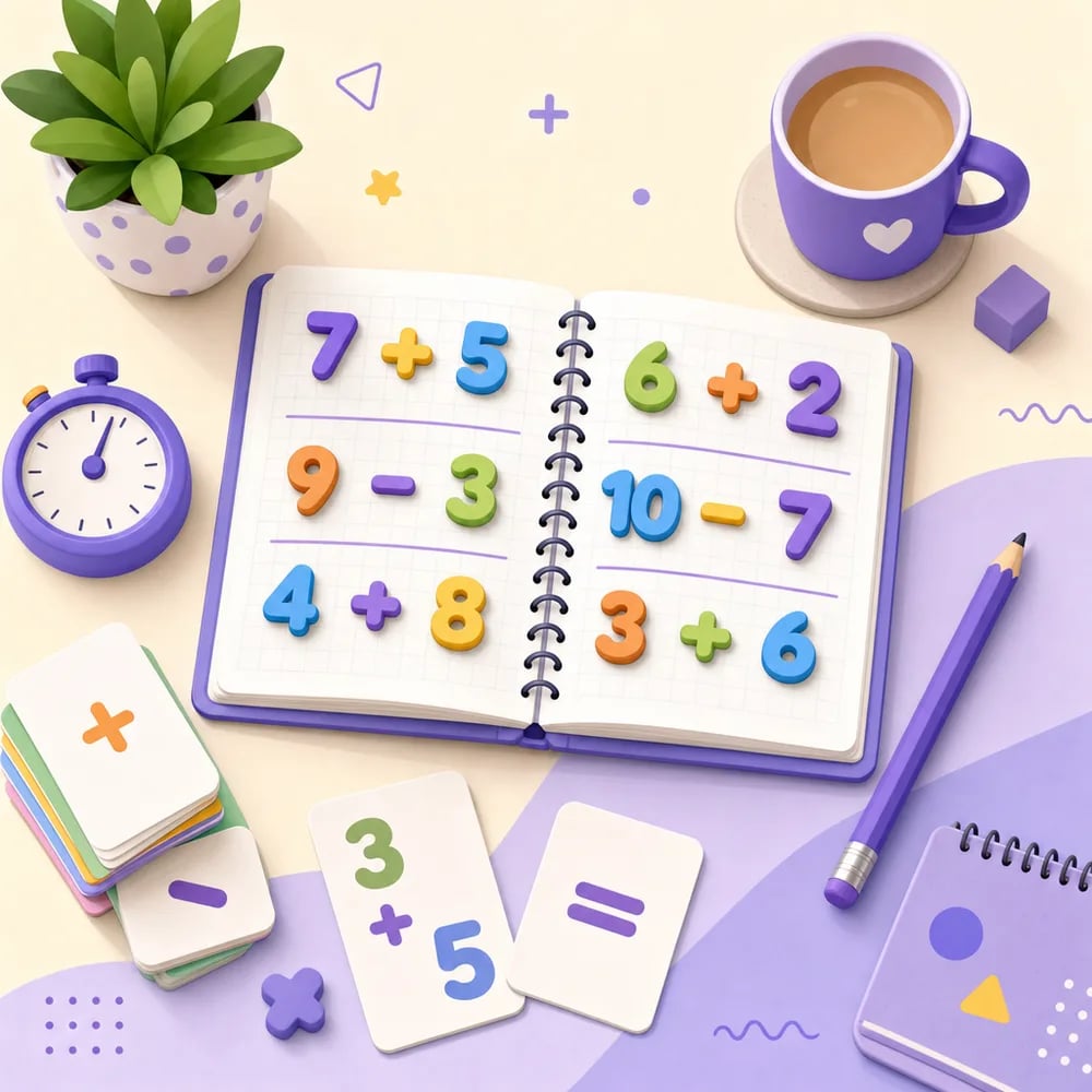 A 10-minute calculation practice routine with number cards and a stopwatch
