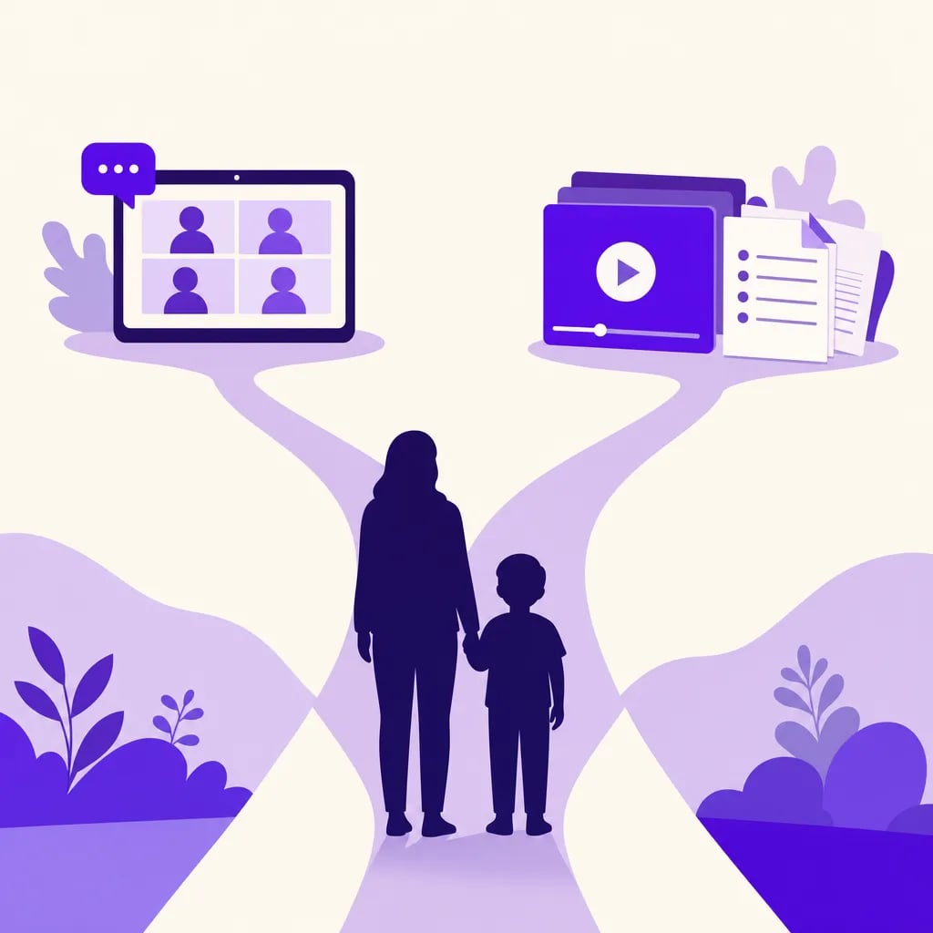 Ilustrasi persimpangan jalan: satu jalur menuju kelas video call langsung, satu jalur menuju video rekaman dan lembar latihan soal, dengan orang tua dan anak yang sedang memutuskan.
