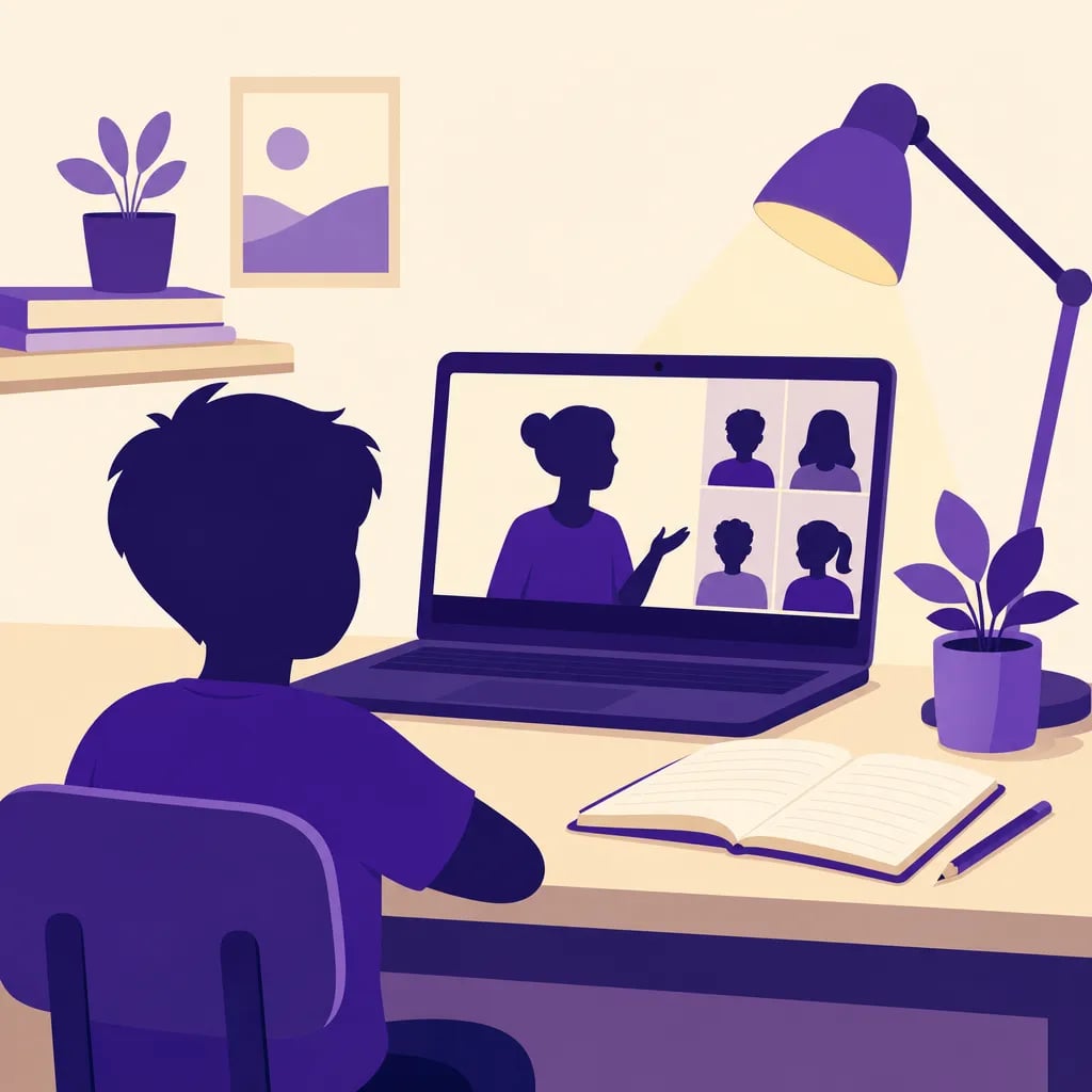 Ilustrasi anak duduk di meja belajar menonton kelas video call langsung dengan guru dan teman sekelas dalam grup kecil.