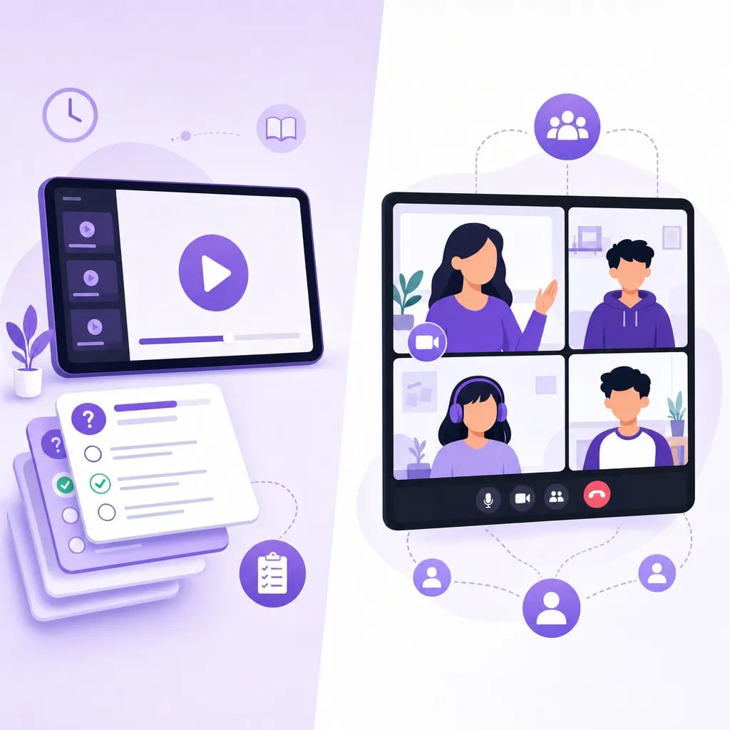 Illustration comparing two learning methods: a self-paced learning video screen on one side, a small live video-call class with a teacher on the other.