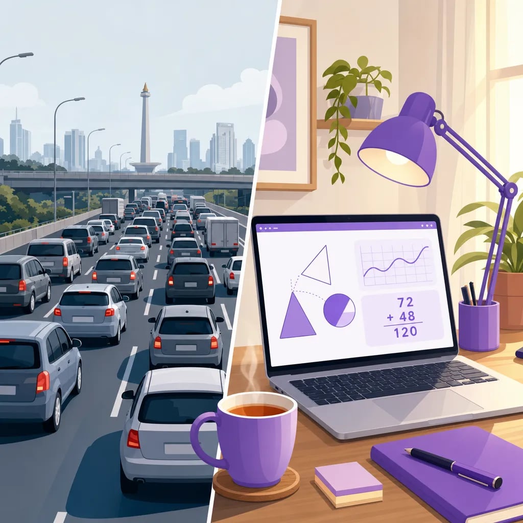 Kids learning math online from home in Bekasi and Tangerang, no toll road traffic