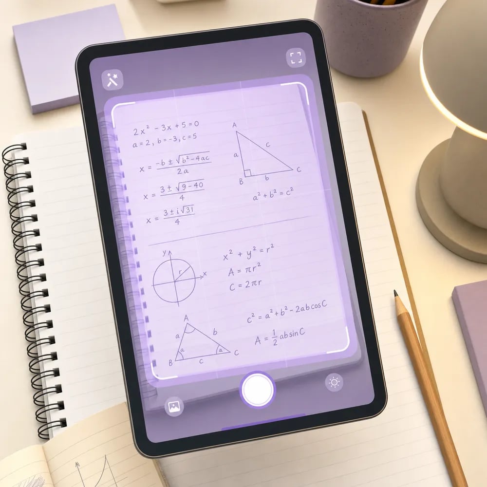 A phone scanning a maths homework page with a soft purple app overlay on a warm study desk.