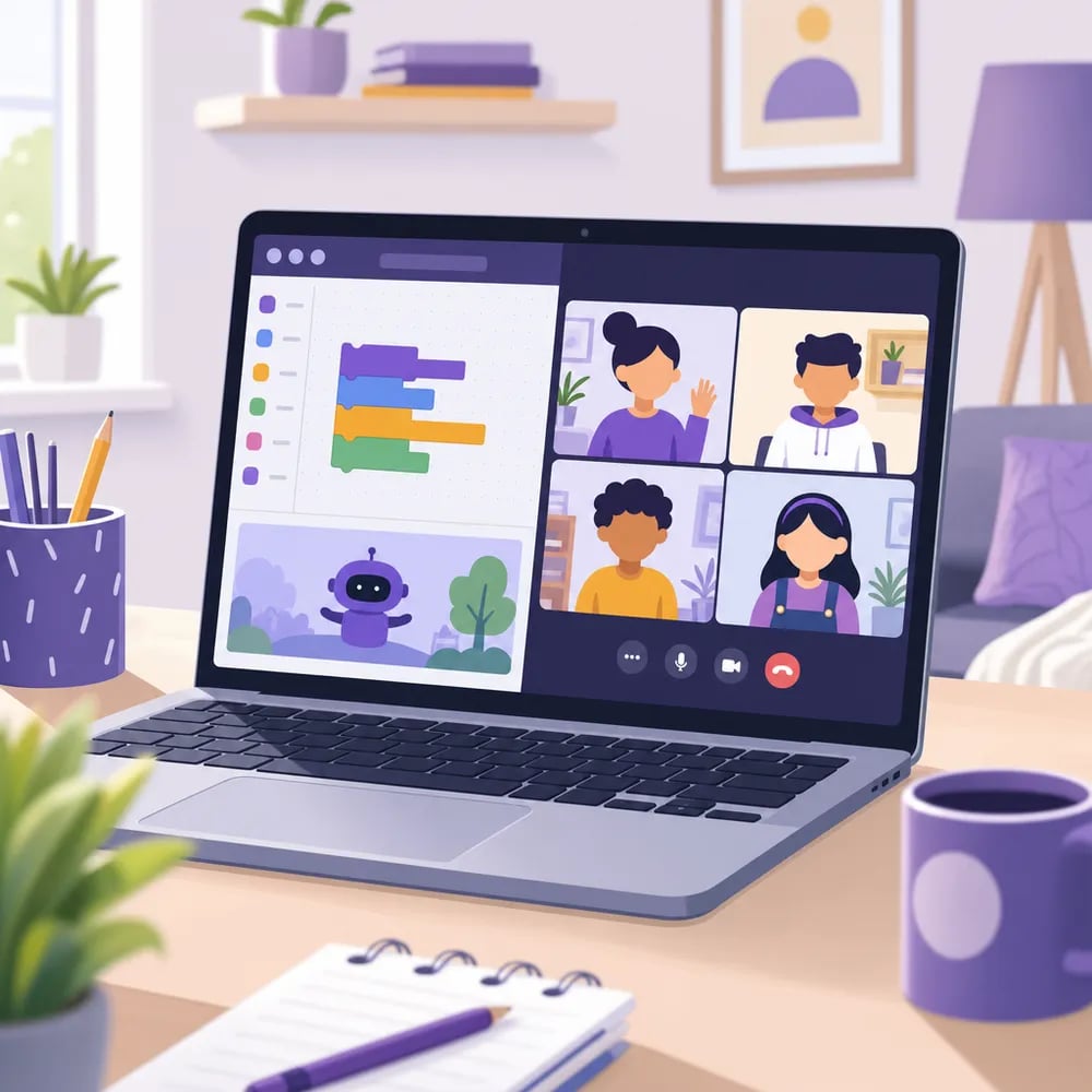 A laptop screen showing a small video-call grid with simple avatar icons and colourful code blocks at a cozy home study desk.