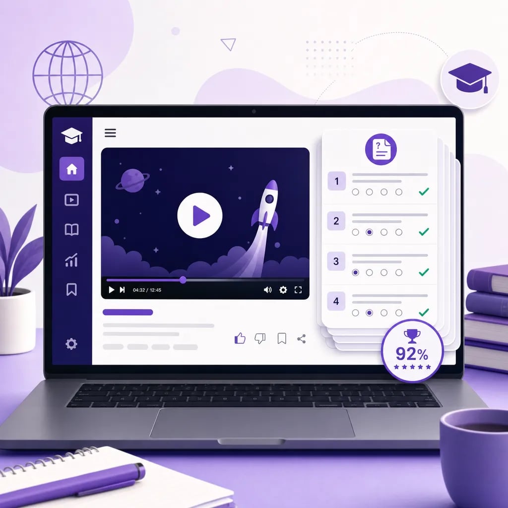 Illustration of a video-learning platform with a video player and a stack of completed exam question-bank cards.