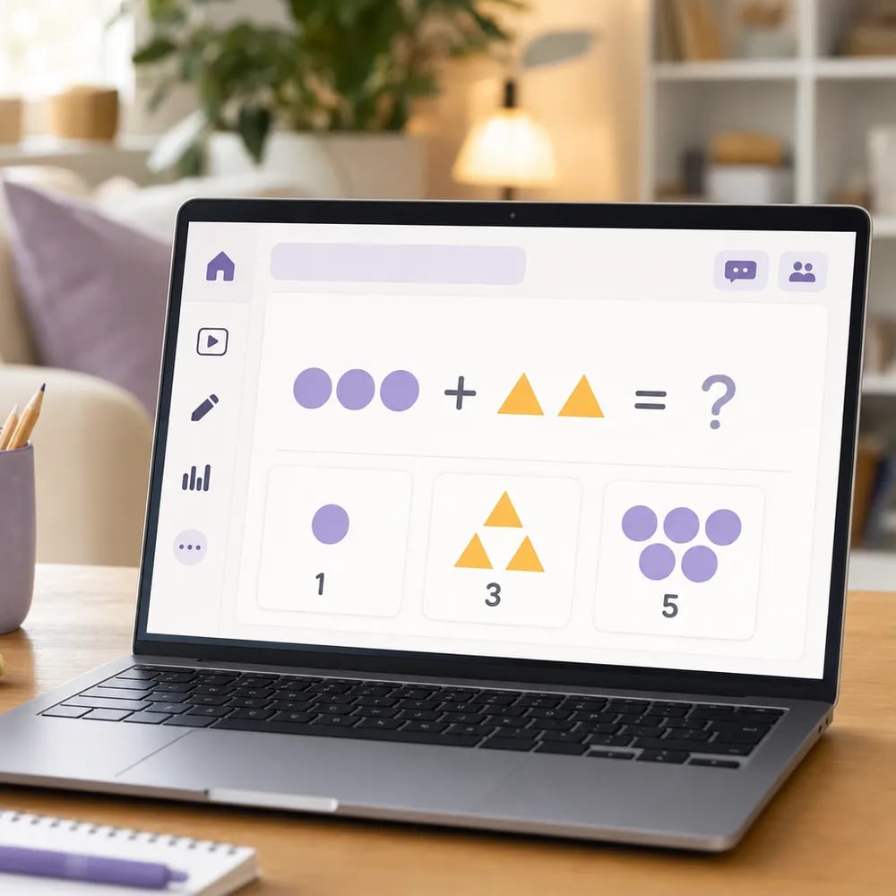 Laptop screen showing a friendly online math class interface