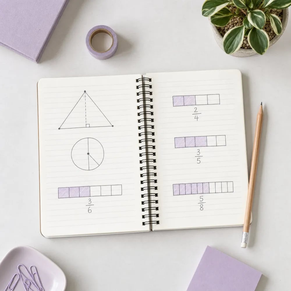 Child learning math online from home, notebook open with simple geometry diagrams