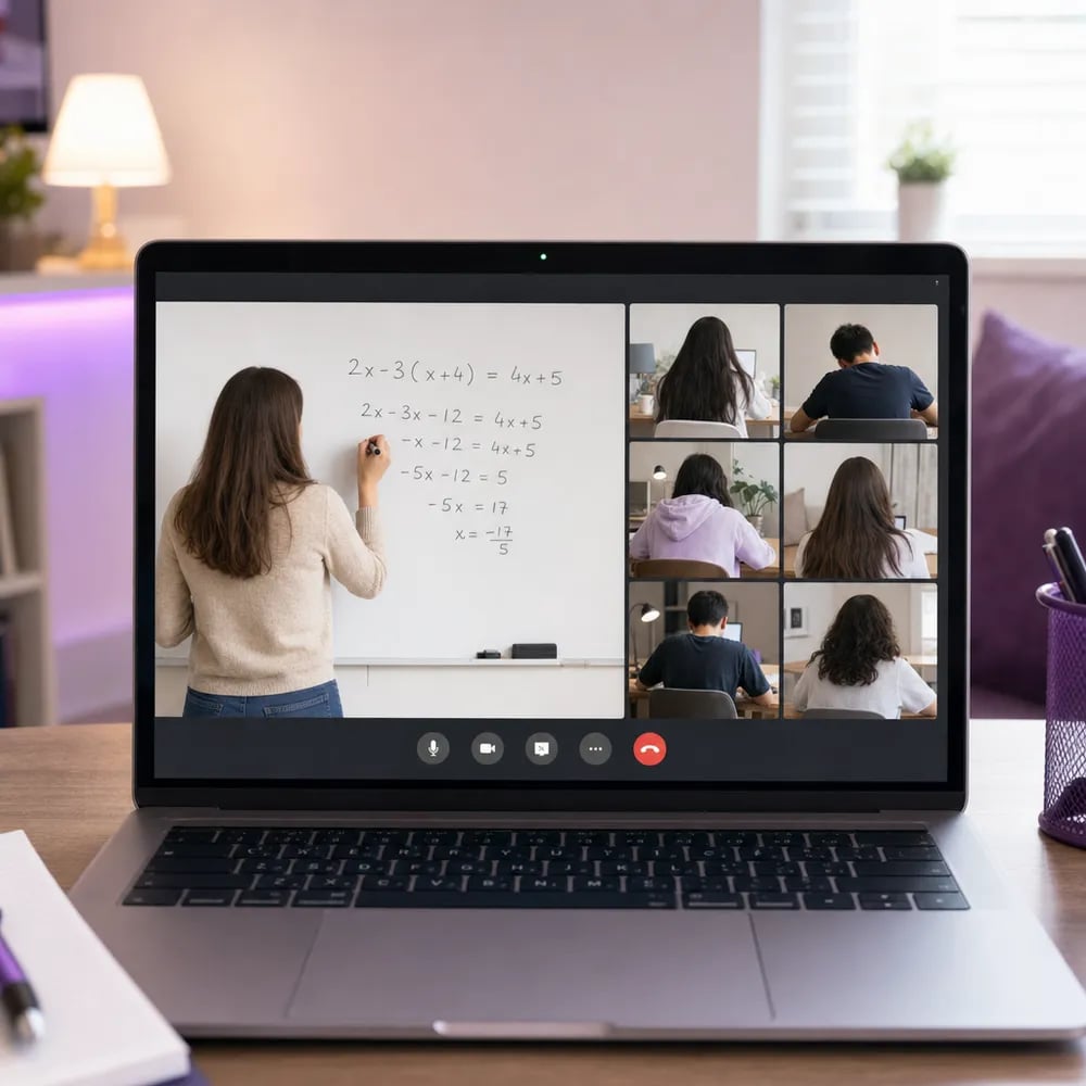 Guru menjelaskan soal aljabar dalam kelas matematika online langsung