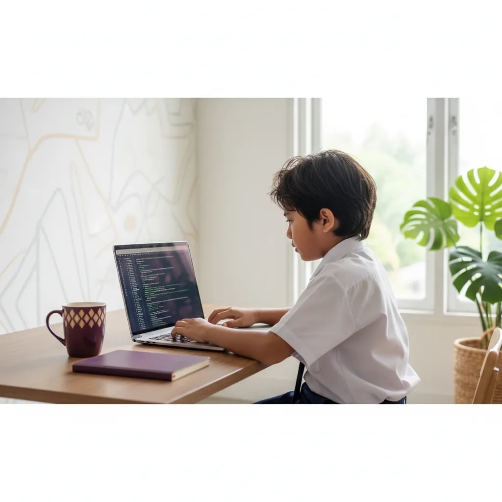 Anak menulis kode Python di laptop