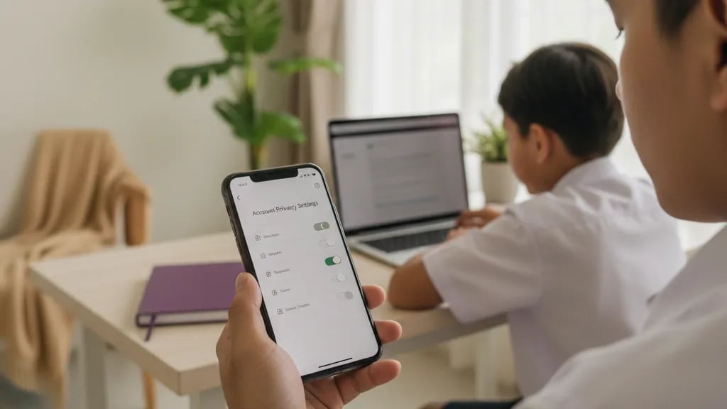Indonesian parent checking account privacy settings on a phone while a child plays on a laptop